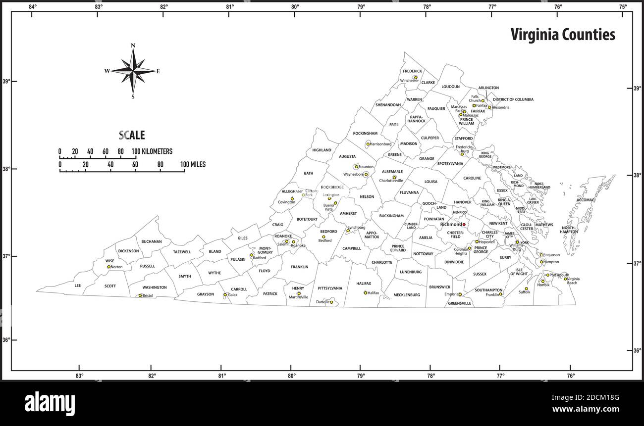 Carte vectorielle administrative et politique de l'État de Virginie en noir et blanc Illustration de Vecteur