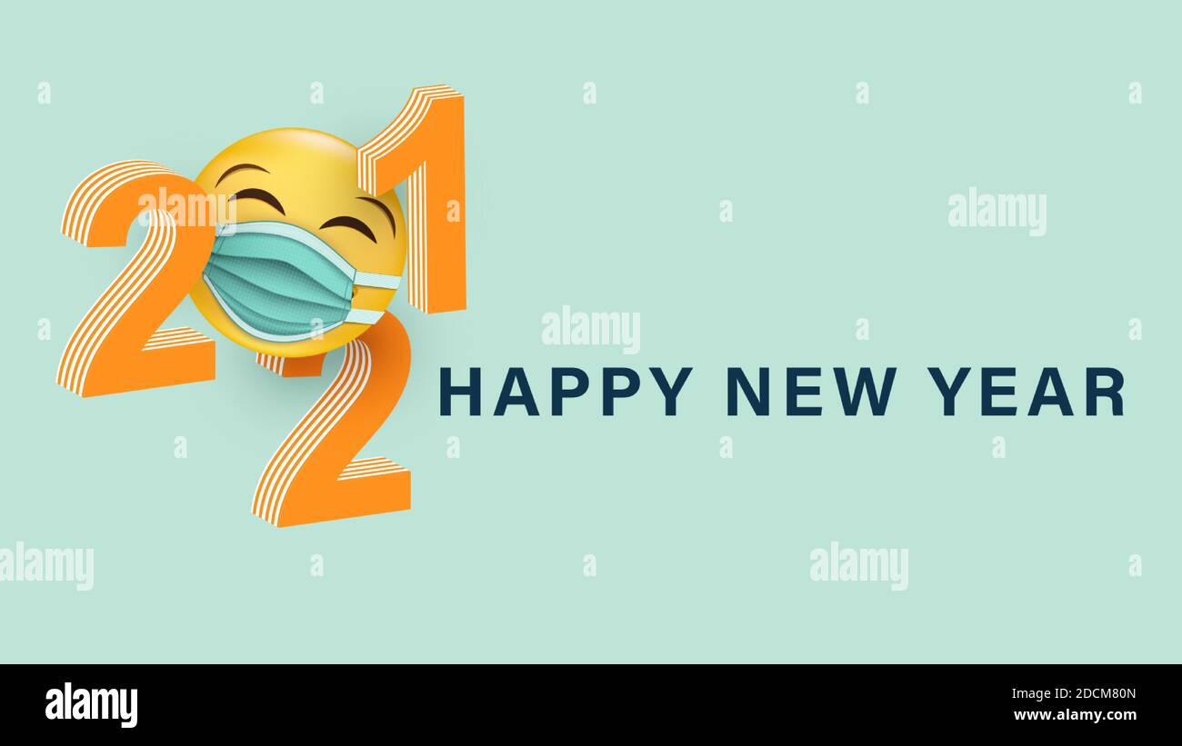 Bonne année 2021.3d nombre avec un visage jaune souriant dans un masque médical. Carte postale de fête. Vecteur Illustration de Vecteur
