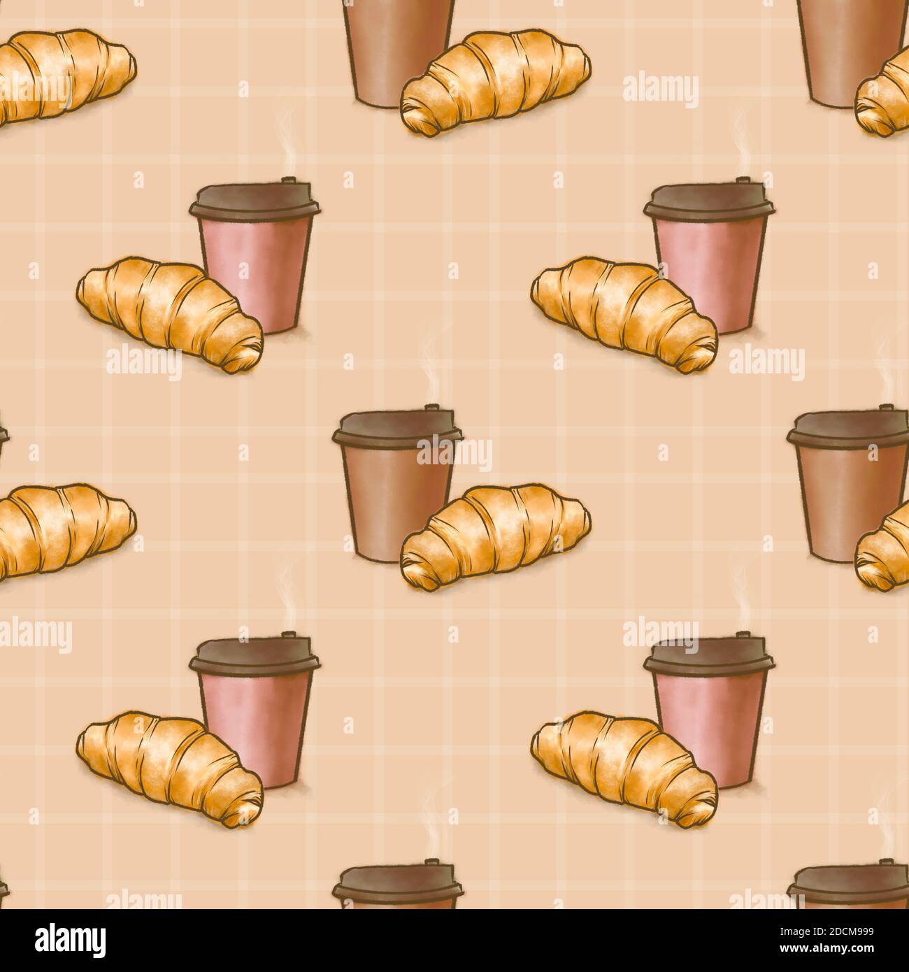 La peinture numérique de pain croissant français boulangerie et café gobelet en papier sur fond marron motif sans couture pour papier peint déco Banque D'Images