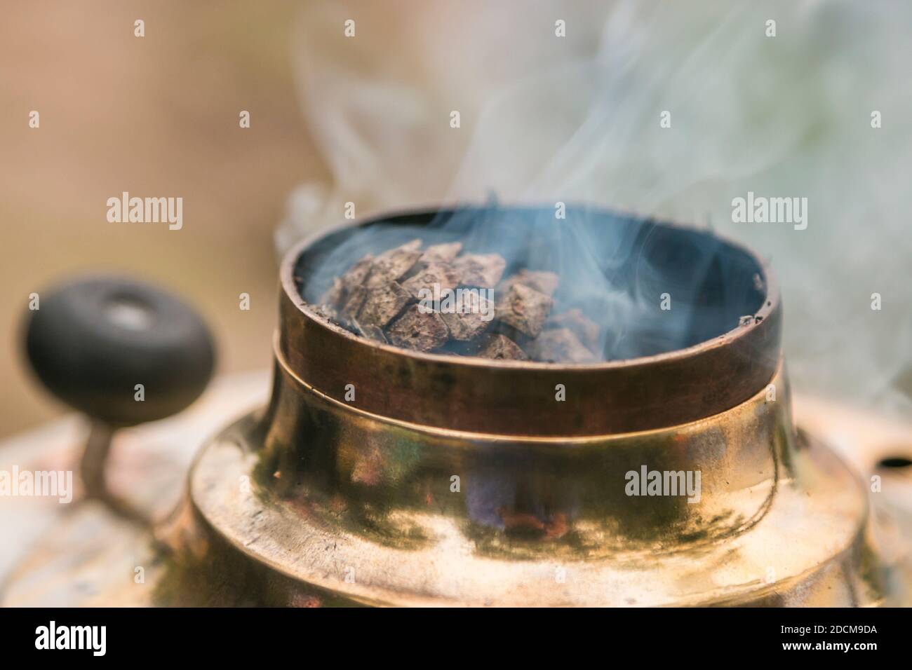 Allumer un samovar avec des cônes de pin Banque D'Images