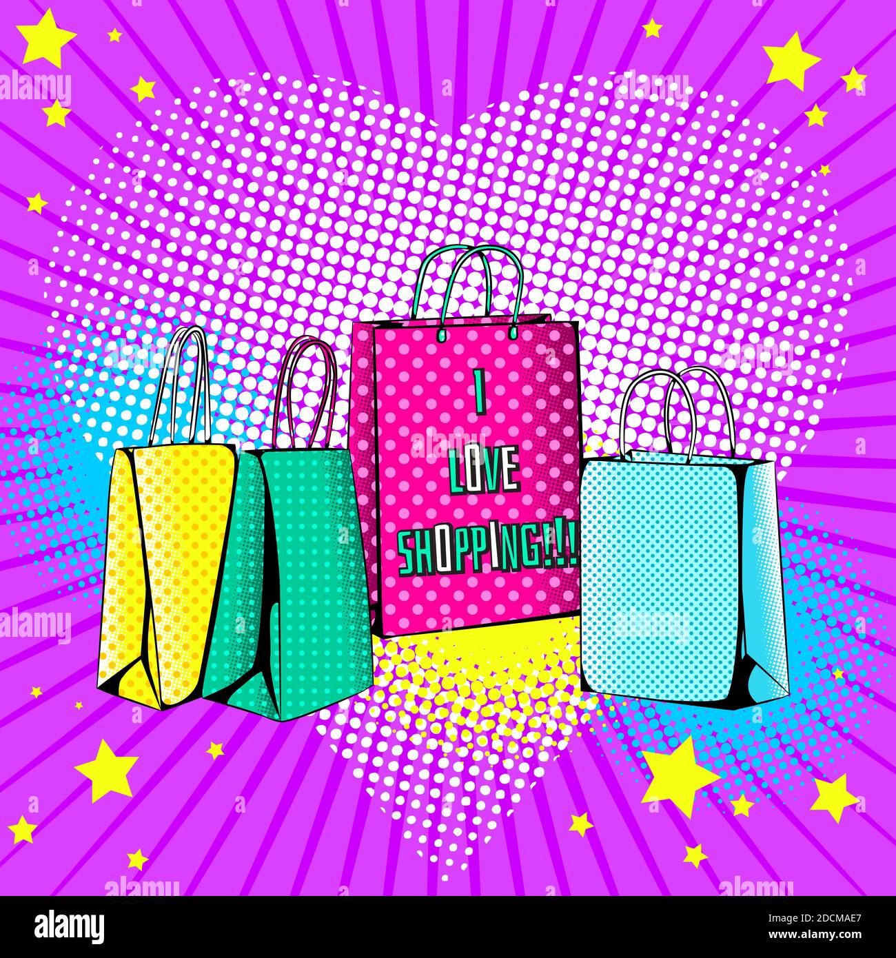 Fond vectoriel de couleur vive en style Pop Art. Illustration avec des sacs à provisions colorés. Style comique rétro Illustration de Vecteur