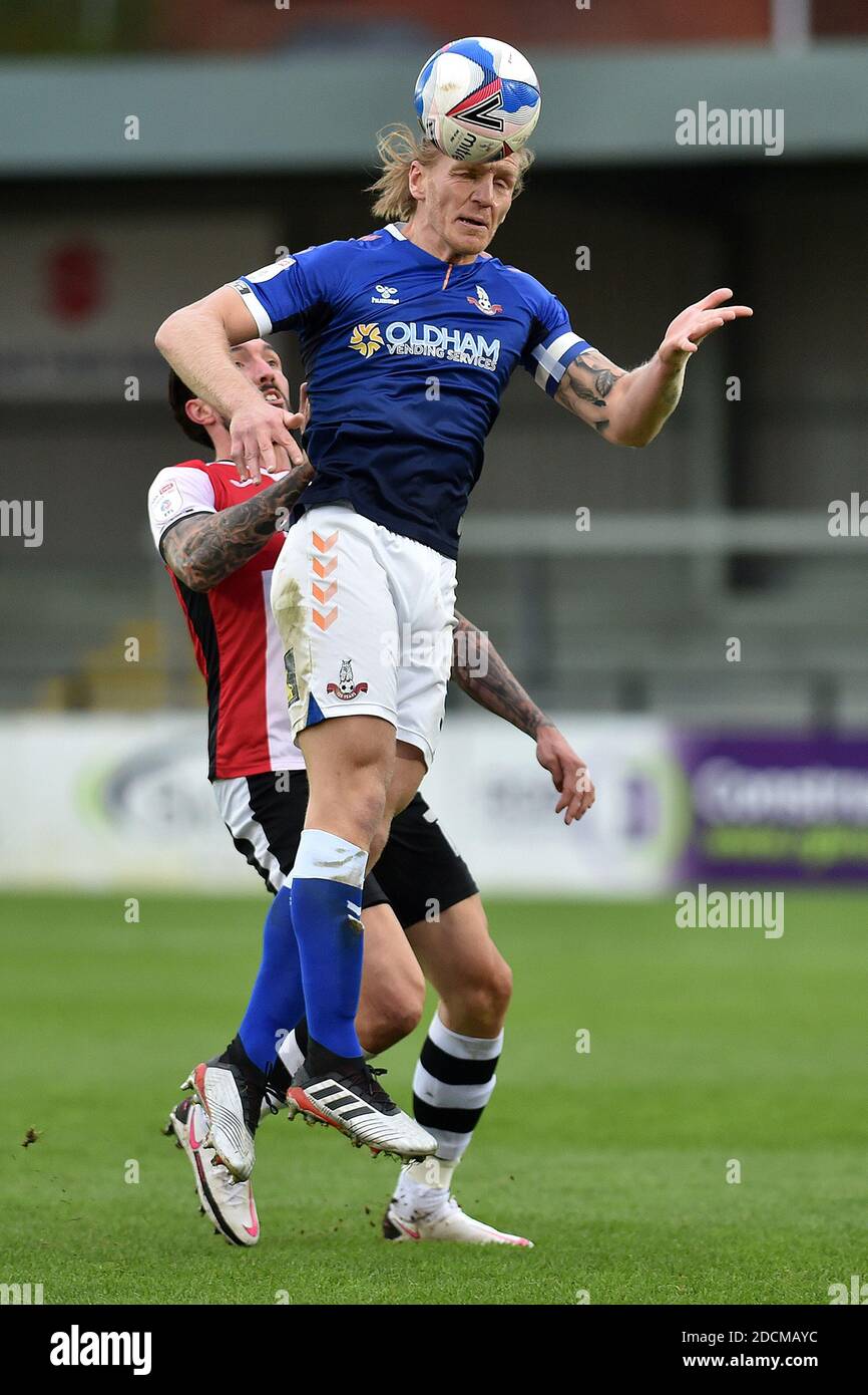 EXETER, ANGLETERRE. 21 NOVEMBRE Carl Piergianni d'Oldham Athletic lors du match Sky Bet League 2 entre Exeter City et Oldham Athletic au St James' Park, Exeter, le samedi 21 novembre 2020. (Credit: Eddie Garvey | MI News) Credit: MI News & Sport /Alay Live News Banque D'Images