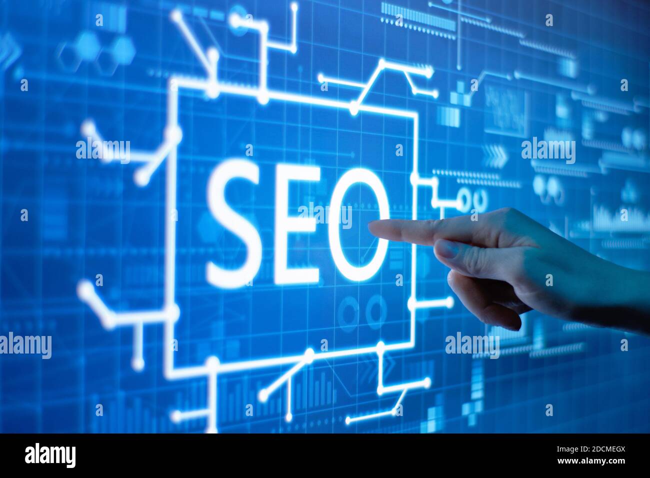 Concept SEO Search Engine optimisation de sur un écran numérique futuriste. Banque D'Images