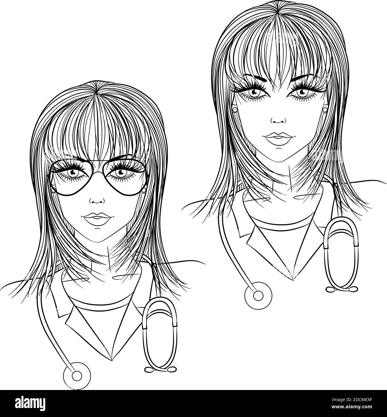 Profession. Portrait d'une jeune belle femme médecin en uniforme et en lunettes. Illustration vectorielle sur fond blanc. Illustration de Vecteur