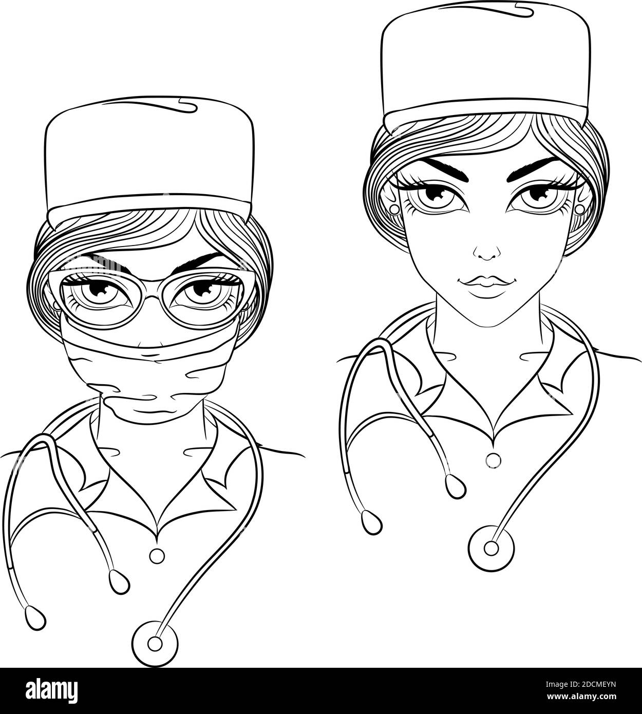 Profession. Portrait d'une jeune belle femme médecin en uniforme et en lunettes. Illustration vectorielle sur fond blanc. Illustration de Vecteur