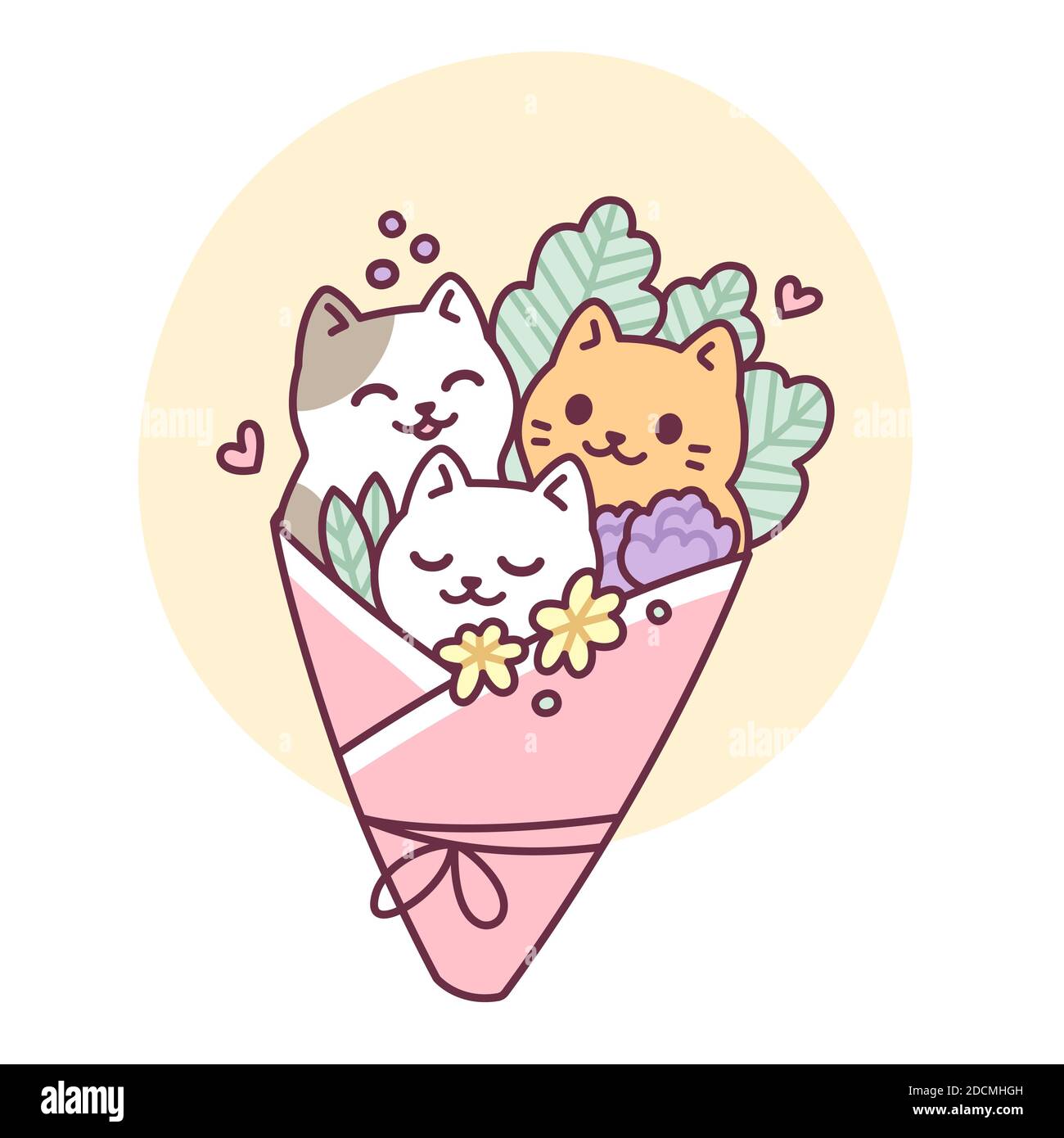 Joli dessin animé bouquet de chat. Kitties kawaii dessinées à la main avec des fleurs. Illustration vectorielle simple. Illustration de Vecteur Joli dessin animé bouquet de chat. Kitties kawaii dessinées à la main avec des fleurs. Illustration vectorielle simple. Illustration de Vecteur