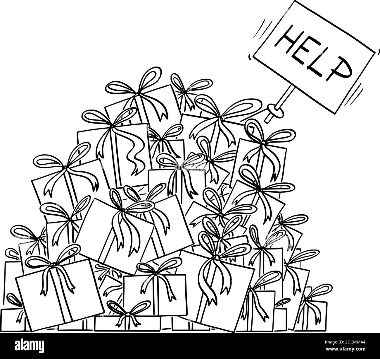 Dessin ou illustration noir et blanc de vecteur de dessin animé d'une grande pile de cadeaux ou cadeaux de noël. La main dépasse avec le panneau d'aide. Illustration de Vecteur