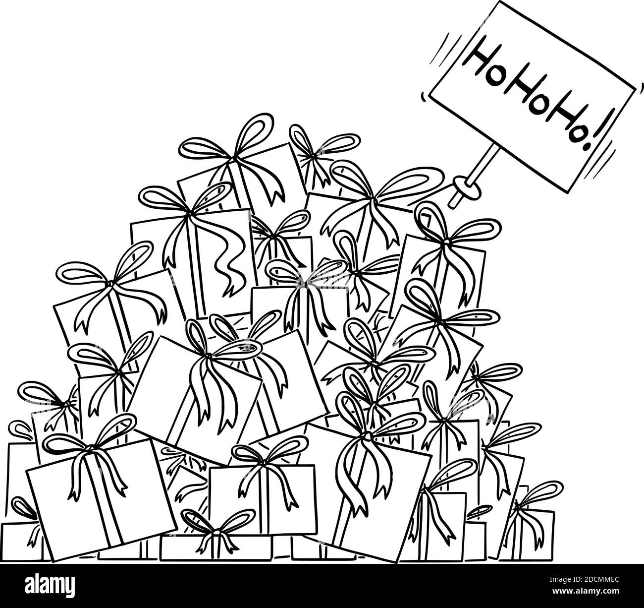 Dessin ou illustration noir et blanc de vecteur de dessin animé d'une grande pile de cadeaux ou cadeaux de noël. La main du Père Noël dépasse avec l'enseigne hoho. Illustration de Vecteur
