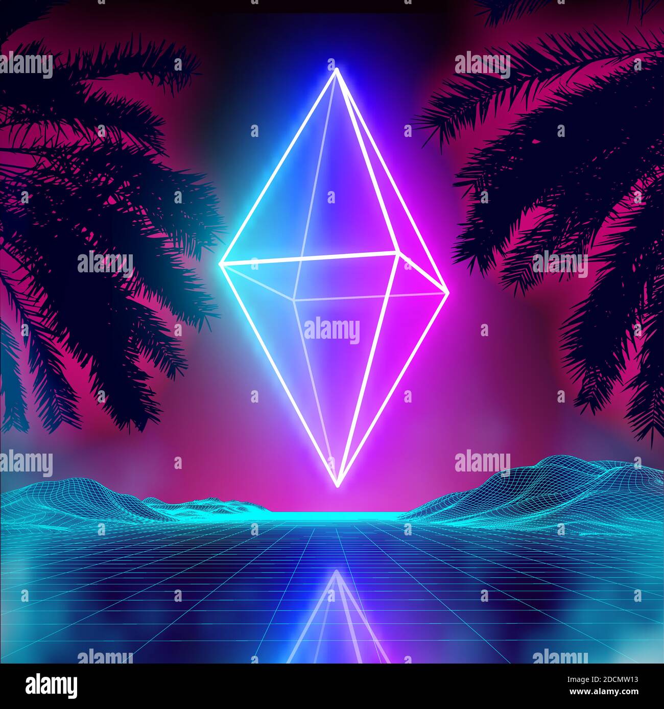Losange au néon sur fond rétro. Affiche de cosmos rhombus lumineuse. Cube de lumière néon. Future affiche de science-fiction violette des années 80. Illustration de Vecteur