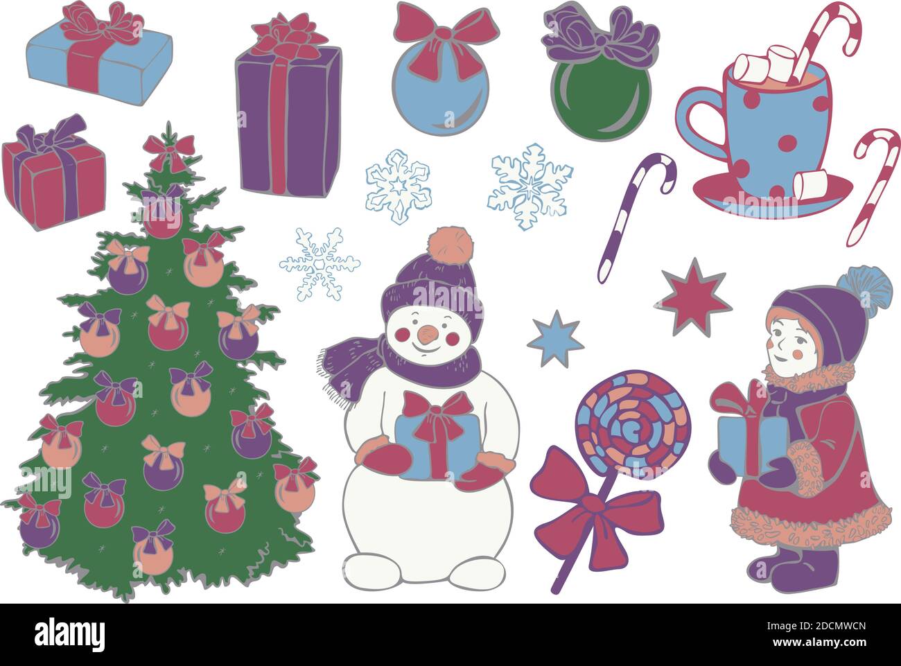 Grand ensemble de vecteurs d'objets de Noël. Boîtes-cadeaux, sapin de Noël, décorations, bonhomme de neige, chevreau, bonbons, flocons de neige et étoiles. Collection d'icônes de Noël. Illustration de Vecteur