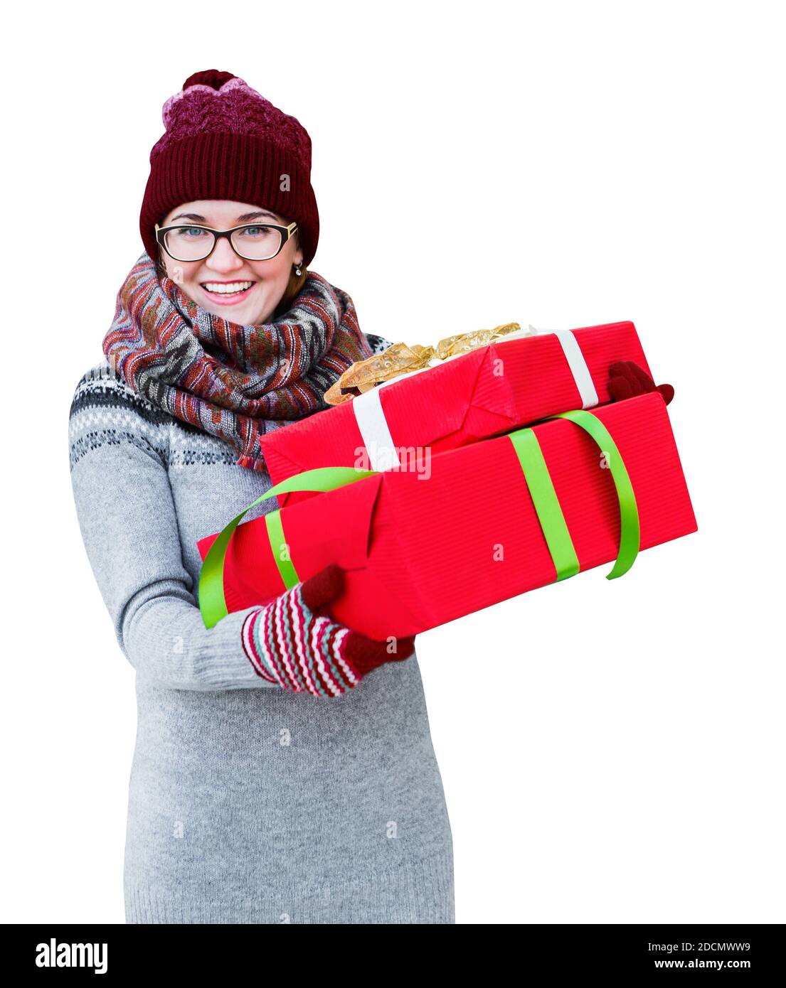 Femme avec cadeaux dans des boîtes rouges. Banque D'Images