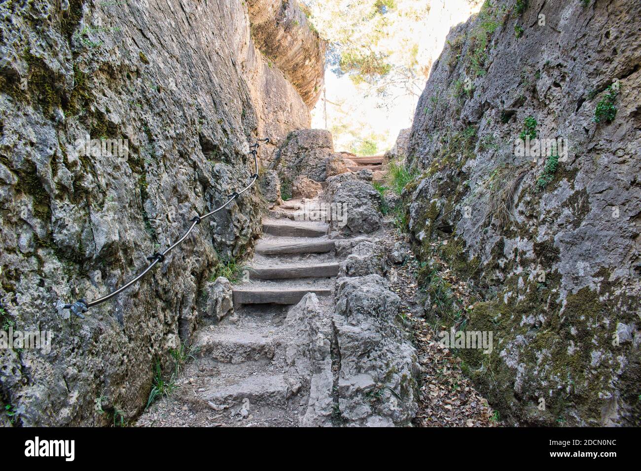 Escalier entre deux murs rocheux dans le cadre naturel de La Ciudad Encantada à Cuenca Banque D'Images