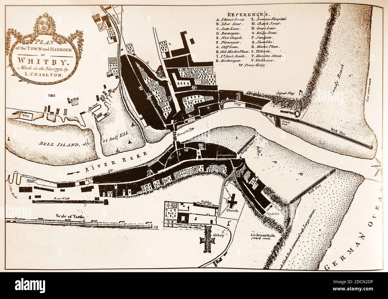 Une ancienne carte de 1778 de la ville de Whitby, Yorkshire, Angleterre par Lionel Charlton Banque D'Images