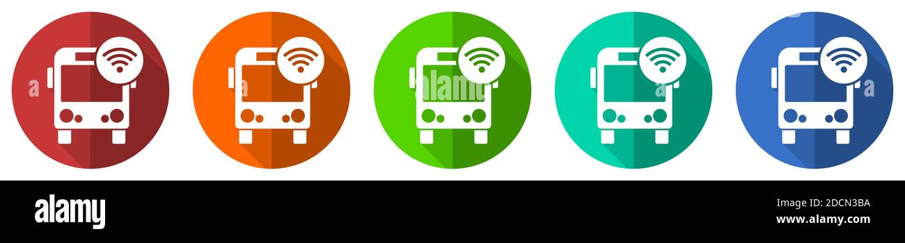 Bus avec ensemble d'icônes vectorielles wifi, boutons Web de conception plate rouge, bleu, vert et orange isolés sur une illustration vectorielle blanche Illustration de Vecteur