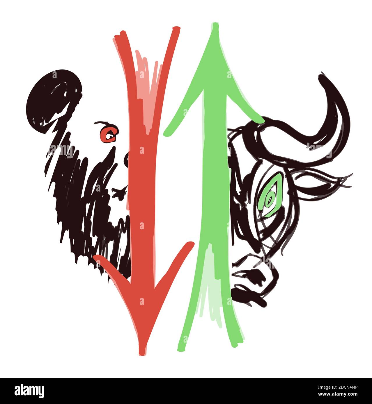 Demi-ours et têtes de taureaux dessinés à la main avec flèches vers le haut et vers le bas isolées sur fond blanc comme symbole du marché haussier et baissier, eps10 vecteur illus Illustration de Vecteur