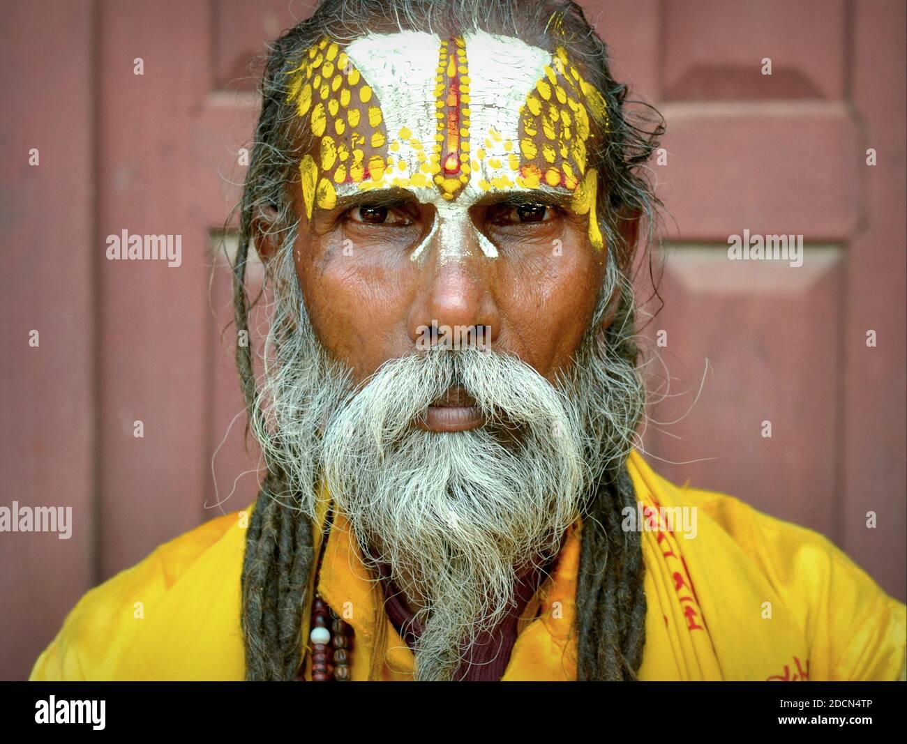 Old Nepali Vaishnavite sadhu (Hindou Saint homme qui adore Vishnu) avec la marque de pundra d'urdhva peinte avec soin sur son front pose pour la caméra. Banque D'Images