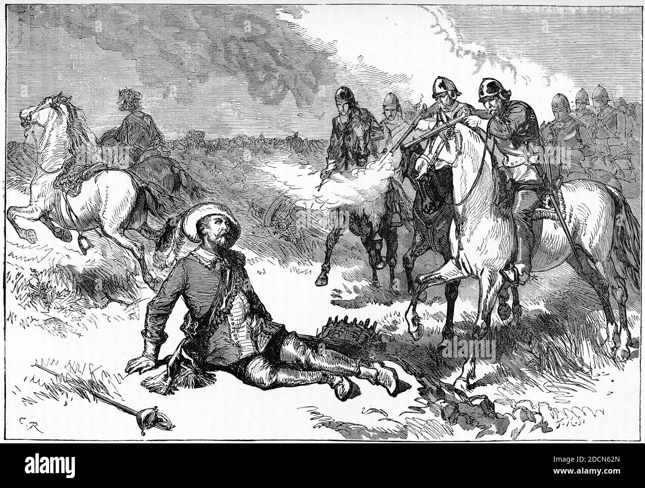 Portrait gravé de la mort sur le champ de bataille de Gustavus Adolphus (1594 – 1632), également connu en anglais sous le nom de Gustav II Adolf ou Gustav II Adolph, qui a été le roi de Suède de 1611 à 1632, et qui est reconnu pour la montée de la Suède en tant que grande puissance européenne. Gustavus Adolphus est connu comme le « père de la guerre moderne » et est largement commémoré par les protestants en Europe comme le principal défenseur de leur cause pendant la guerre de trente ans. Banque D'Images