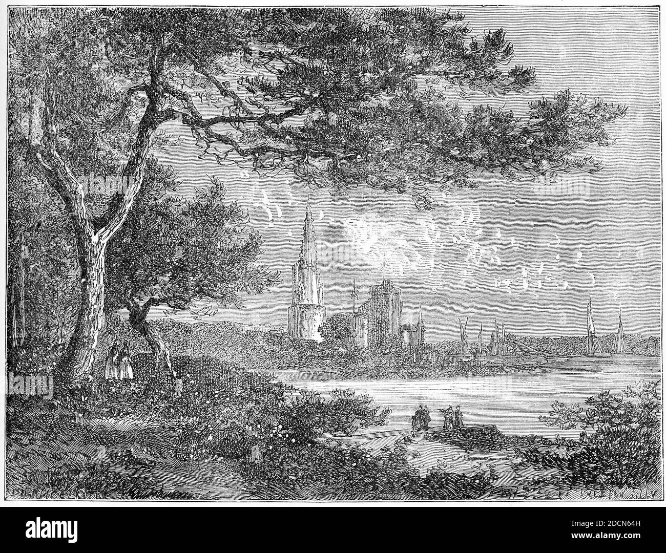 Gravure de la Rochelle dans le sud-ouest de la France et d'un port maritime sur le golfe de Gascogne, vers 1550, montrant la tour lanterne et l'entrée du port depuis les jardins de courrier. C'est maintenant la capitale du département de la Charente-Maritime. Illustration de 'l'histoire du protestantisme' par James Aitken Wylie (1808-1890), pub. 1878 Banque D'Images
