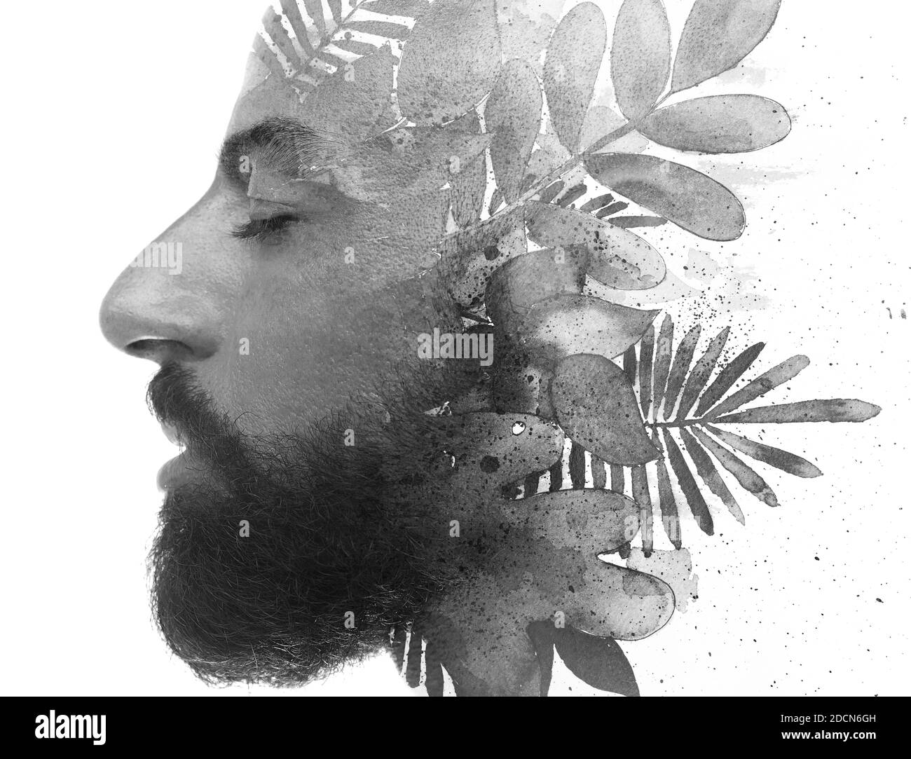 Un homme audacieux barbu avec des yeux fermés profil feuillage de portrait art indographie Banque D'Images