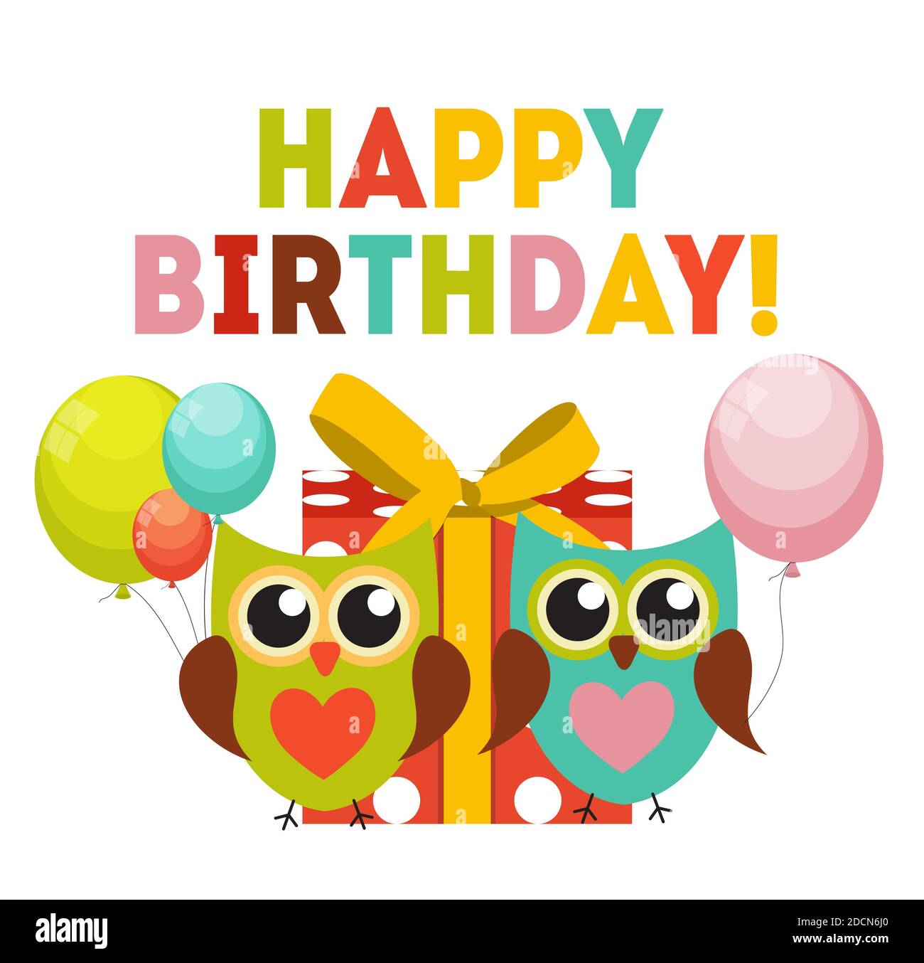 Joli Fond D Anniversaire Hibou Heureux Avec Boite Cadeau Ballons Et Place Pour Votre Illustration De Texte Photo Stock Alamy