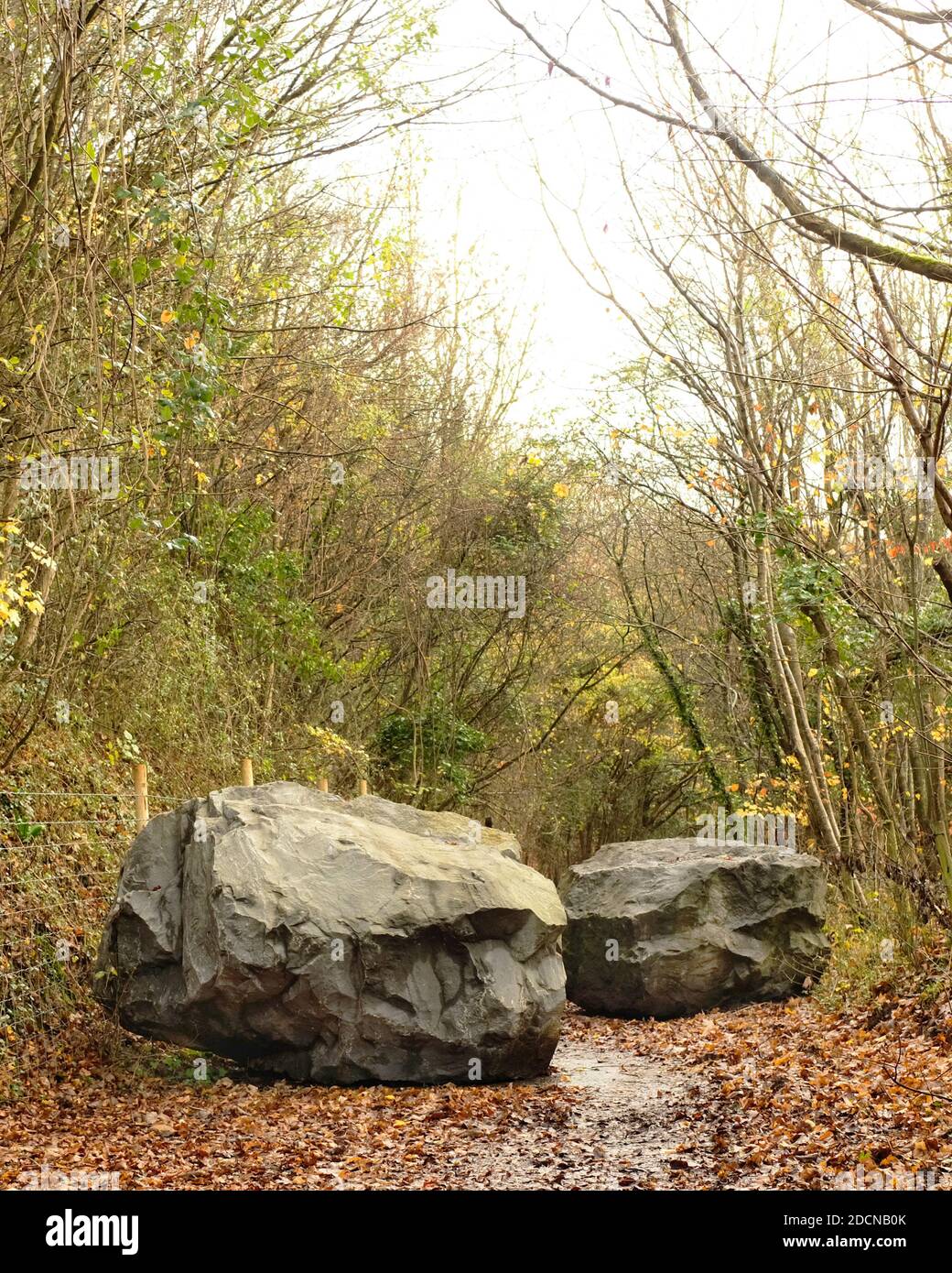 2020 novembre - de grands blocs placés dans une voie de campagne pour empêcher les 4x4 de l'utiliser et de détruire le environnement local délicat Banque D'Images