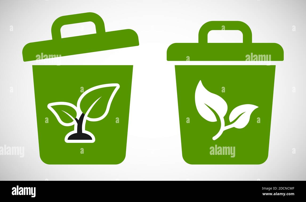 Icône en forme de trashcan bio et écologique avec motif plat symbole de feuille icône Illustration de Vecteur