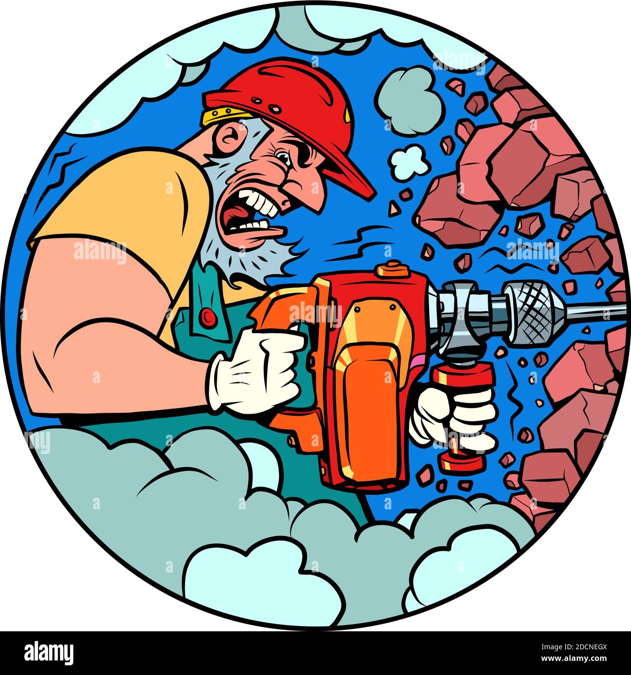 Travailleur avec un marteau à inertie. Travail dur. Construction et services routiers Illustration de Vecteur