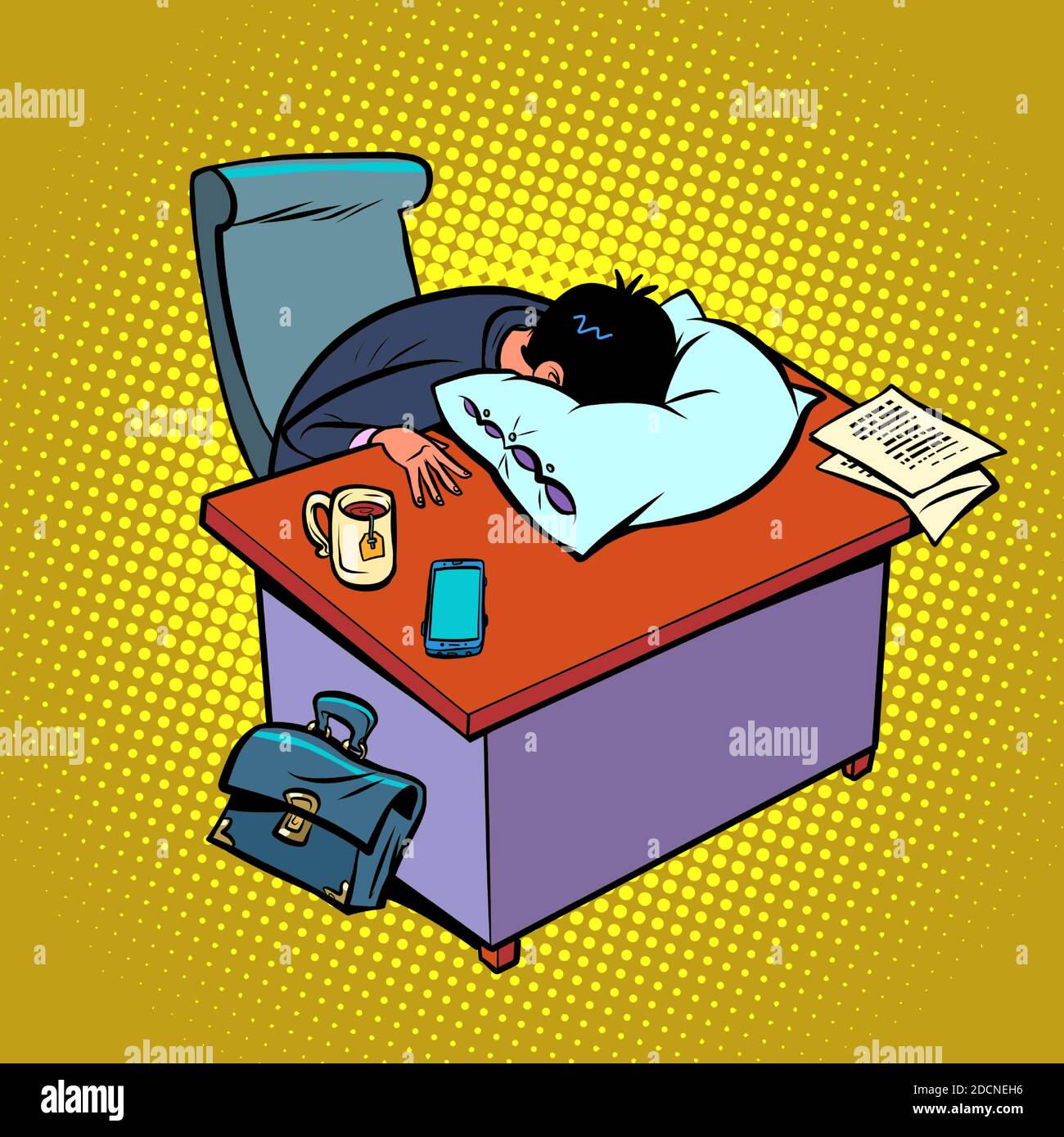Un homme d'affaires fatigué dort dans le bureau Illustration de Vecteur