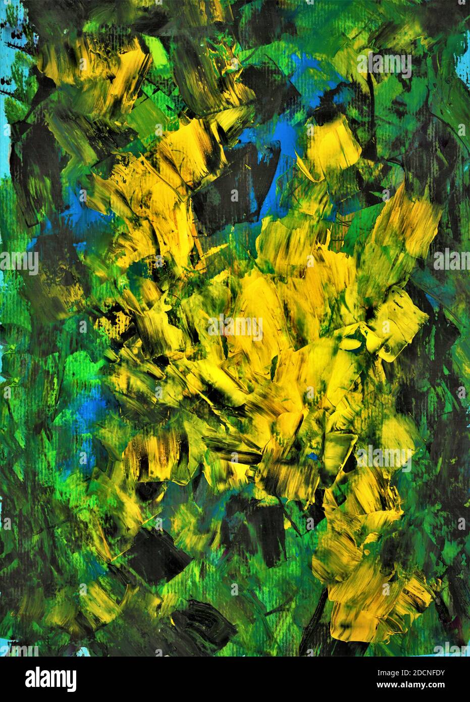 Peinture abstraite à l'huile en bleu, jaune et vert. Peint par le photographe. Banque D'Images