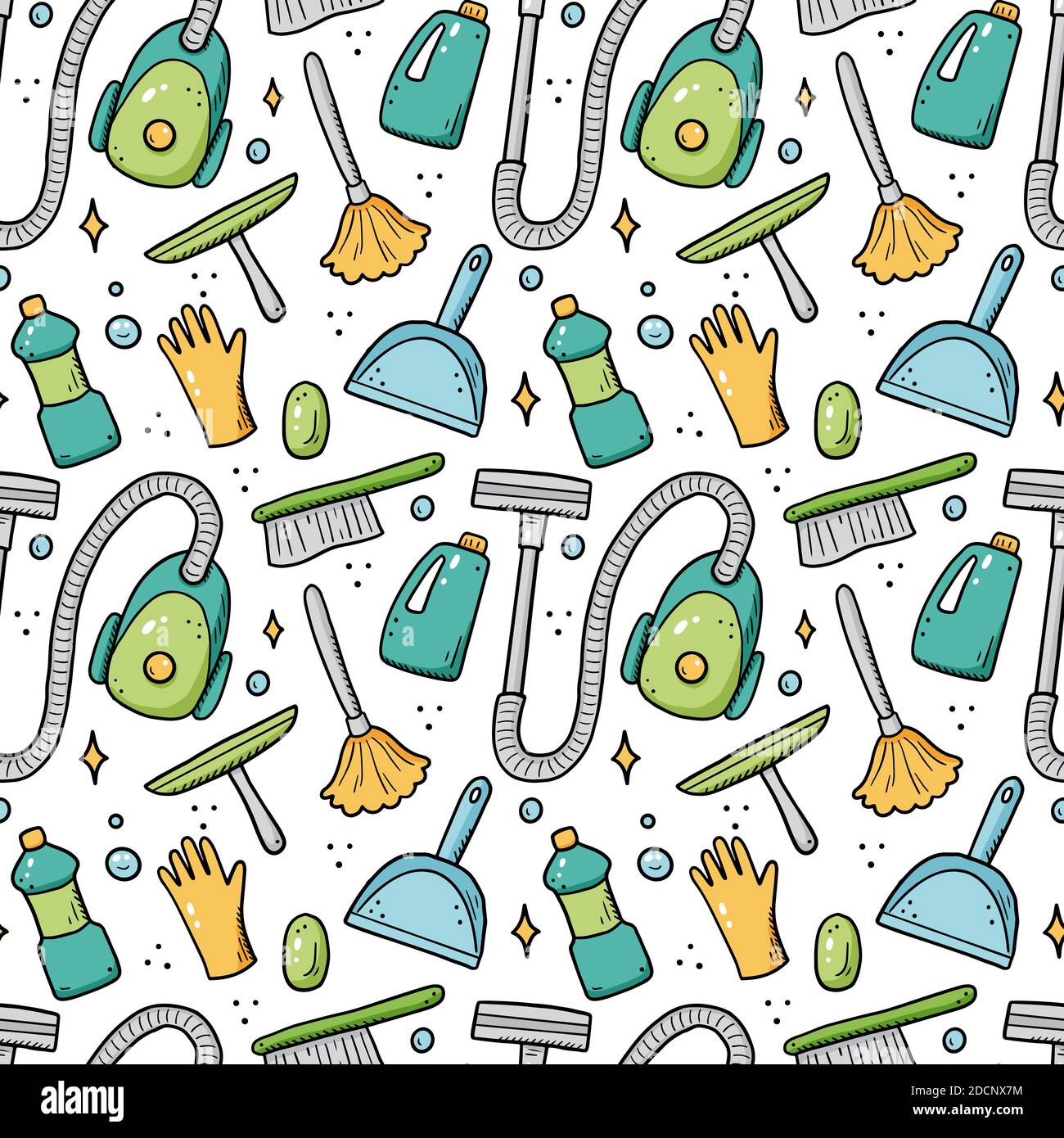 Dessin sans couture à la main des équipements de nettoyage, éponge, aspirateur, spray, balai, seau. Style d'esquisse Doodle. Nettoyer l'élément dessiné à l'aide d'un stylo à brosse numérique. Illustration pour fond d'écran, fond d'écran, bannière. Illustration de Vecteur