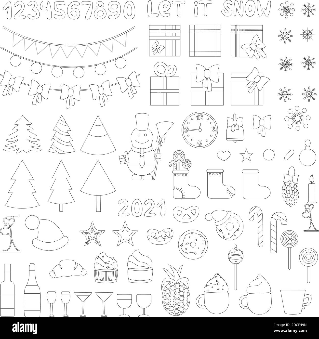 Ensemble de lignes fines icônes de Noël. Symboles vectoriels de couleur de style simple isolés en blanc. Il y a arbre, gâteau, flocon de neige, alcool, verre, présent, horloge, s Illustration de Vecteur