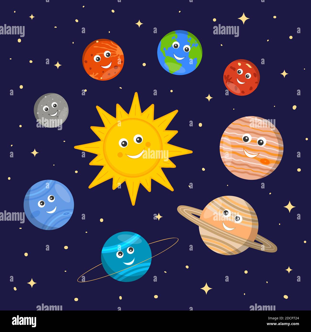 Système solaire pour enfants. Personnages de soleil et de planètes mignons  de style caricature sur fond d'espace sombre. Illustration vectorielle pour  l'enseignement des sciences de la maternelle et de l'école Image Vectorielle