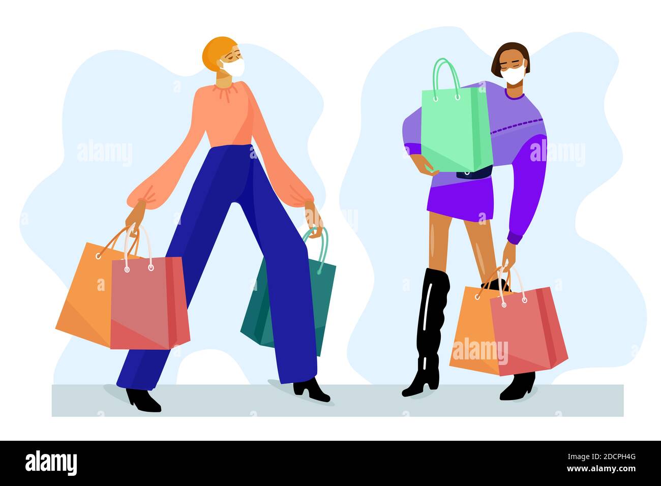 COVID -19 Shopping. Fille dans le masque fait des achats. Coronavirus concept vecteur plat. Achats sûrs. Illustration de Vecteur