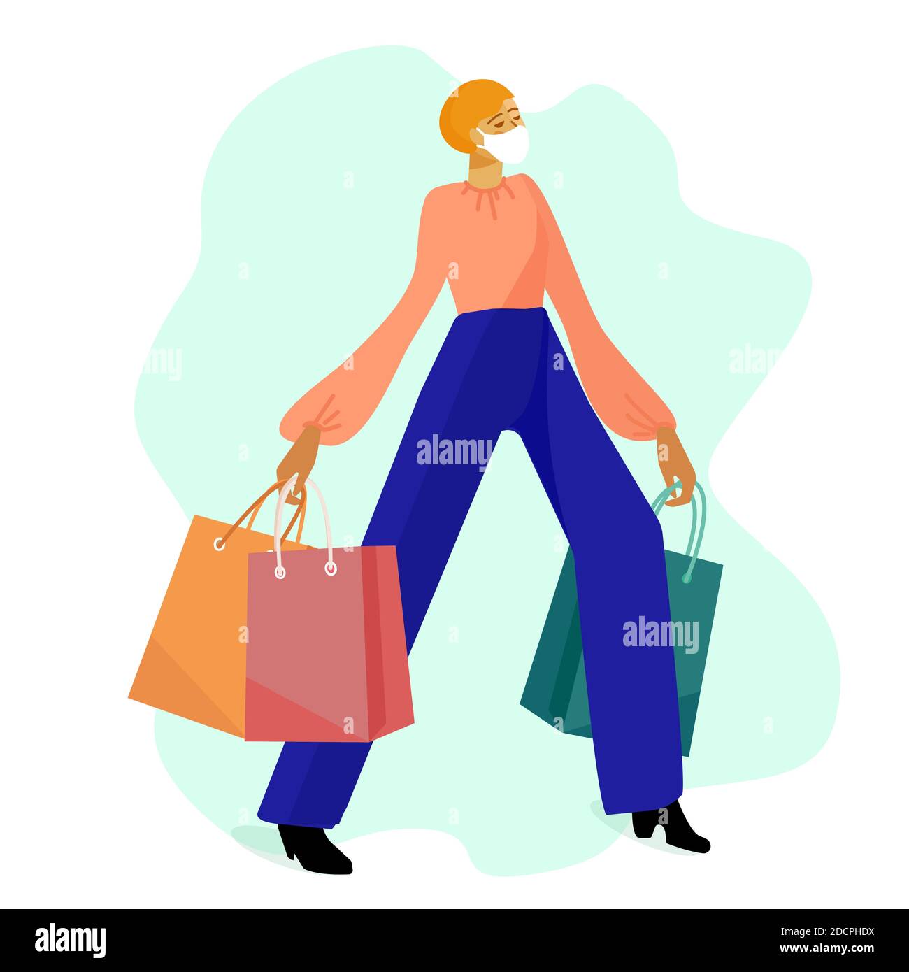 COVID -19 Shopping. Fille dans le masque fait des achats. Coronavirus concept vecteur plat. Achats sûrs. Illustration de Vecteur