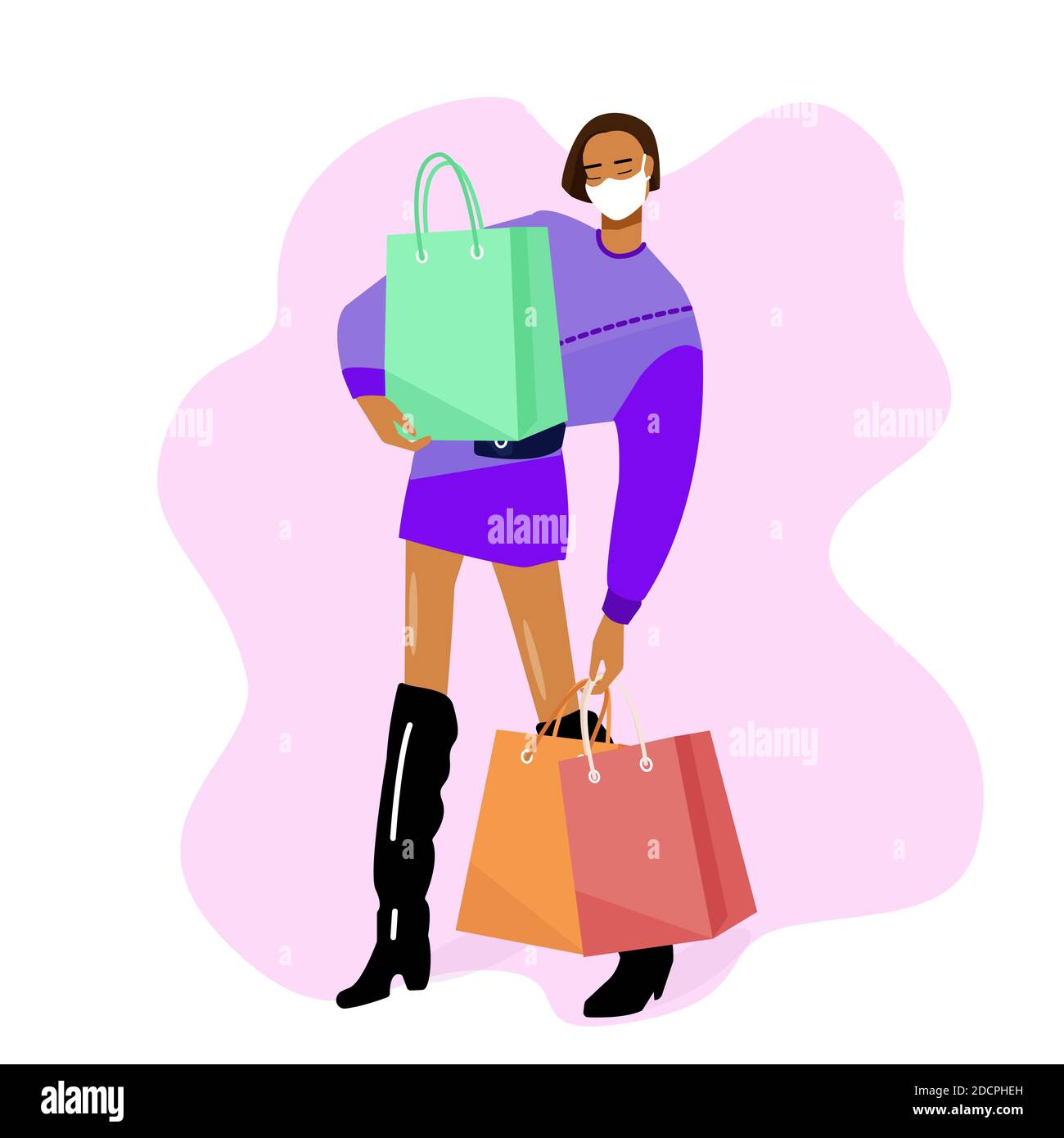 COVID -19 Shopping. Fille dans le masque fait des achats. Coronavirus concept vecteur plat. Achats sûrs. Illustration de Vecteur