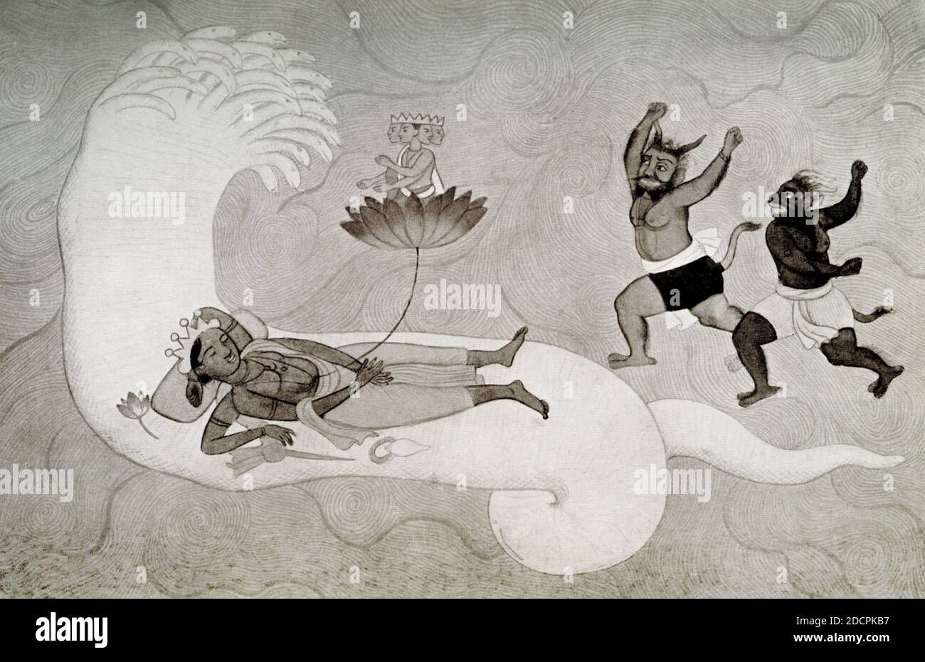Naissance de Brahma - germe à partir d'un lotus provenant de Vishnu à partir d'une peinture indienne originale. Brahma est le créateur de l'univers et de tous les êtres, tel que décrit dans la cosmologie hindoue. Selon les Puranas, Brahma est le fils de Dieu, et souvent appelé Prajapati. Le ​Shatapatha Brahman dit que Brahma est né du Suprême étant le Brahman et l'énergie féminine connue sous le nom de Maya. Désireux de créer l'univers, Brahman a d'abord créé l'eau, dans laquelle il a placé sa semence. Cette graine s'est transformée en un œuf doré, d'où le Brahma est apparu. Pour cette raison, Brahma est également connu sous le nom de «Hir Banque D'Images