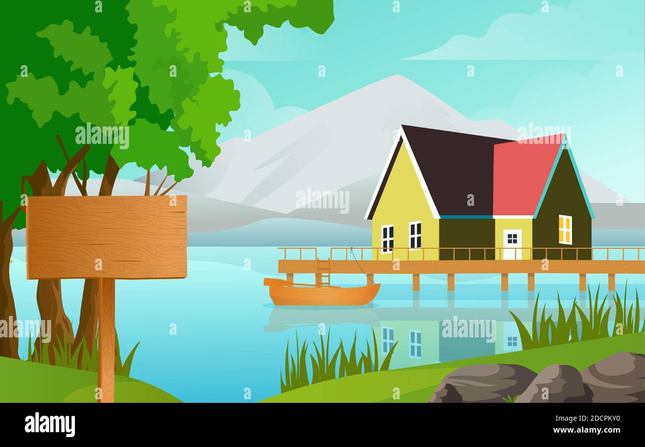 La maison se trouvait sur la rive du lac sur le fond de l'ancienne clôture et de l'illustration du vecteur de bateau. Bateau sur le lac et bois de maison gratuit. Illustration de Vecteur