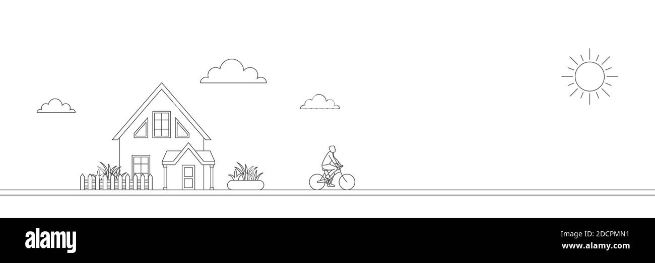 Concept éco-urbain. Les hommes font du vélo sur la pelouse. Les hommes vont travailler avec l'illustration vectorielle de la ligne de vélo. Illustration de Vecteur