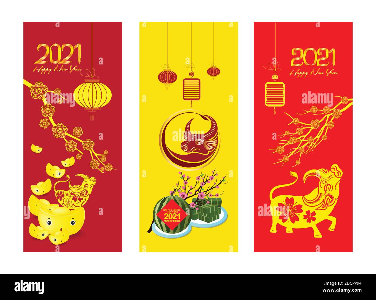 Bonne année chinoise 2021, année du boeuf. Jeu de bannières verticales. Modèle de bannière, affiche de style oriental Illustration de Vecteur