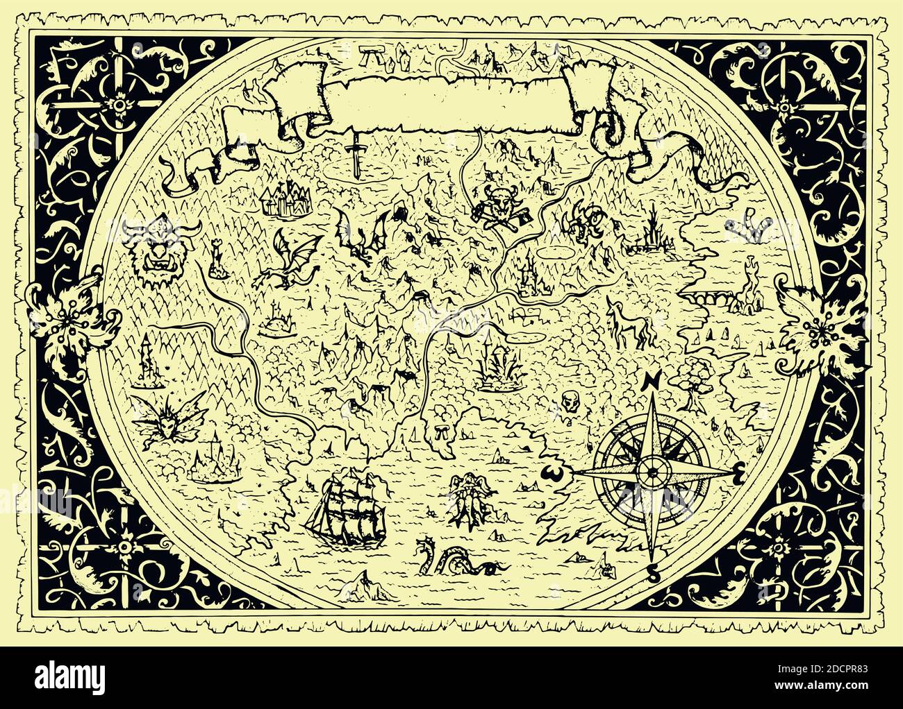 Carte vectorielle de la terre de fantaisie avec des pirates, boussole, dragons, mermaids et gnomes. Illustration graphique dessinée à la main, ancien arrière-plan de transport en vint Illustration de Vecteur