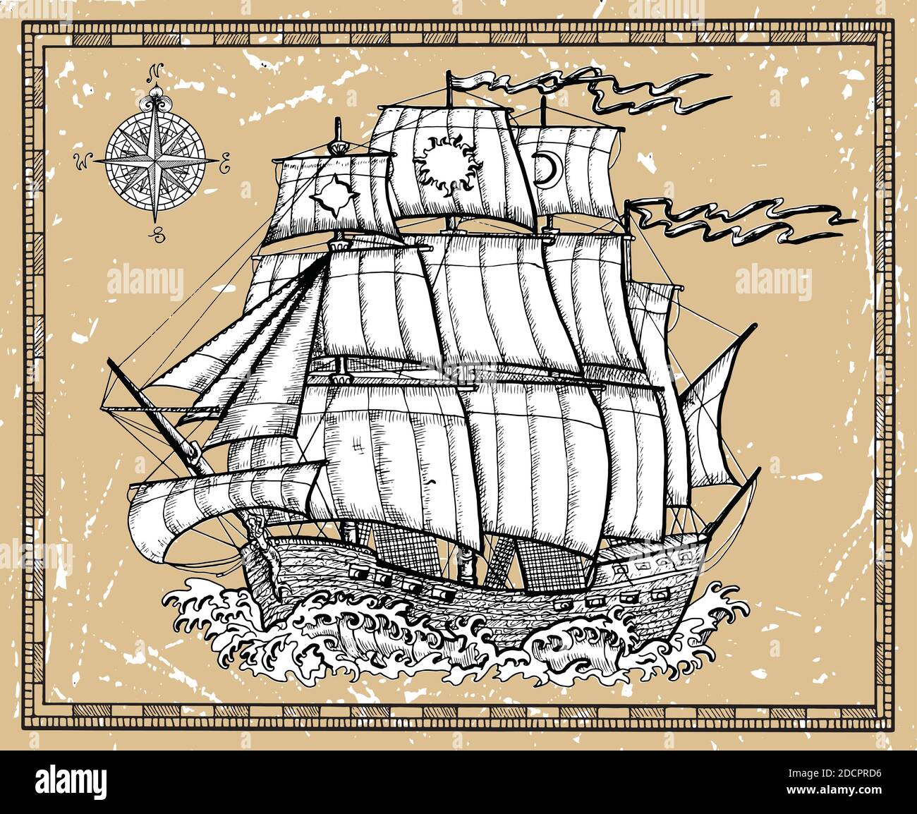 Illustration nautique vectorielle, concept d'aventure historique, motif graphique pour t-shirt Illustration de Vecteur