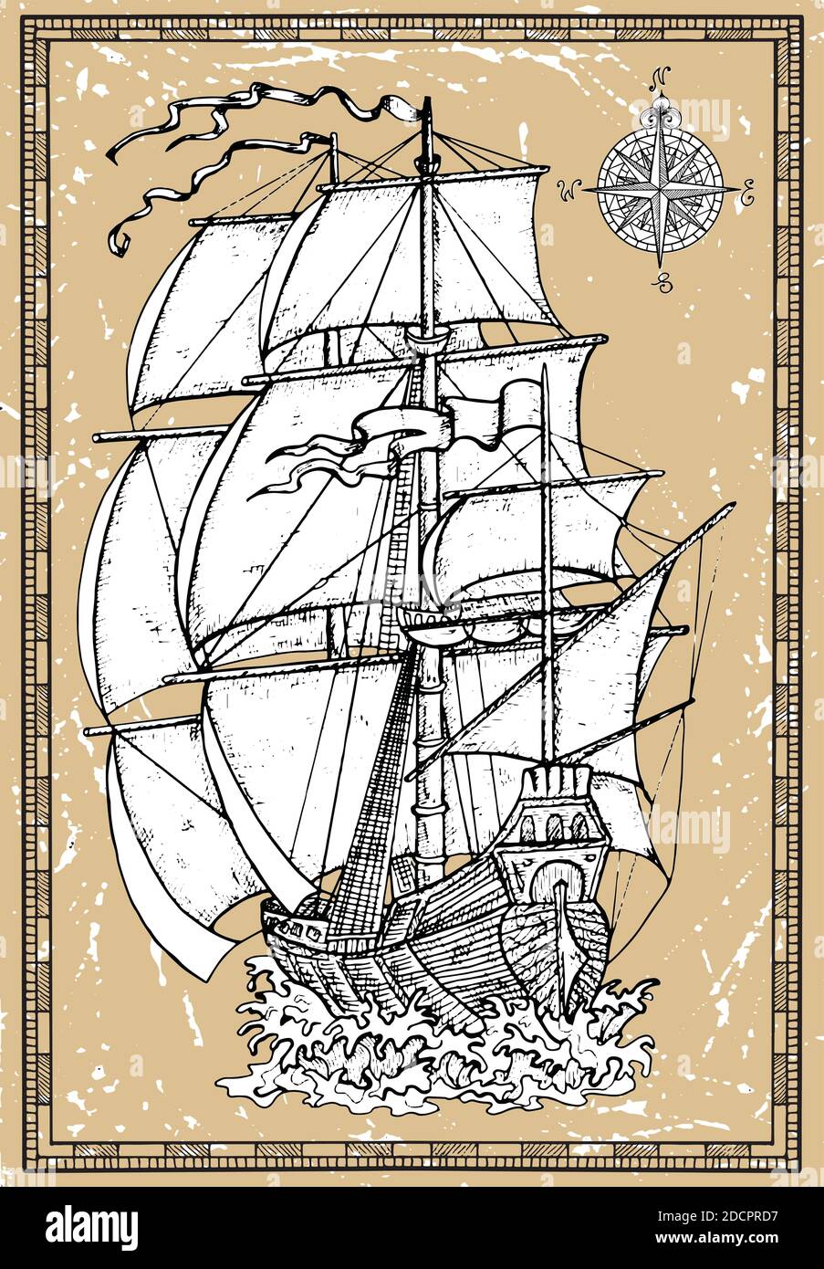 Illustration nautique vectorielle, concept d'aventure historique, motif graphique pour t-shirt Illustration de Vecteur