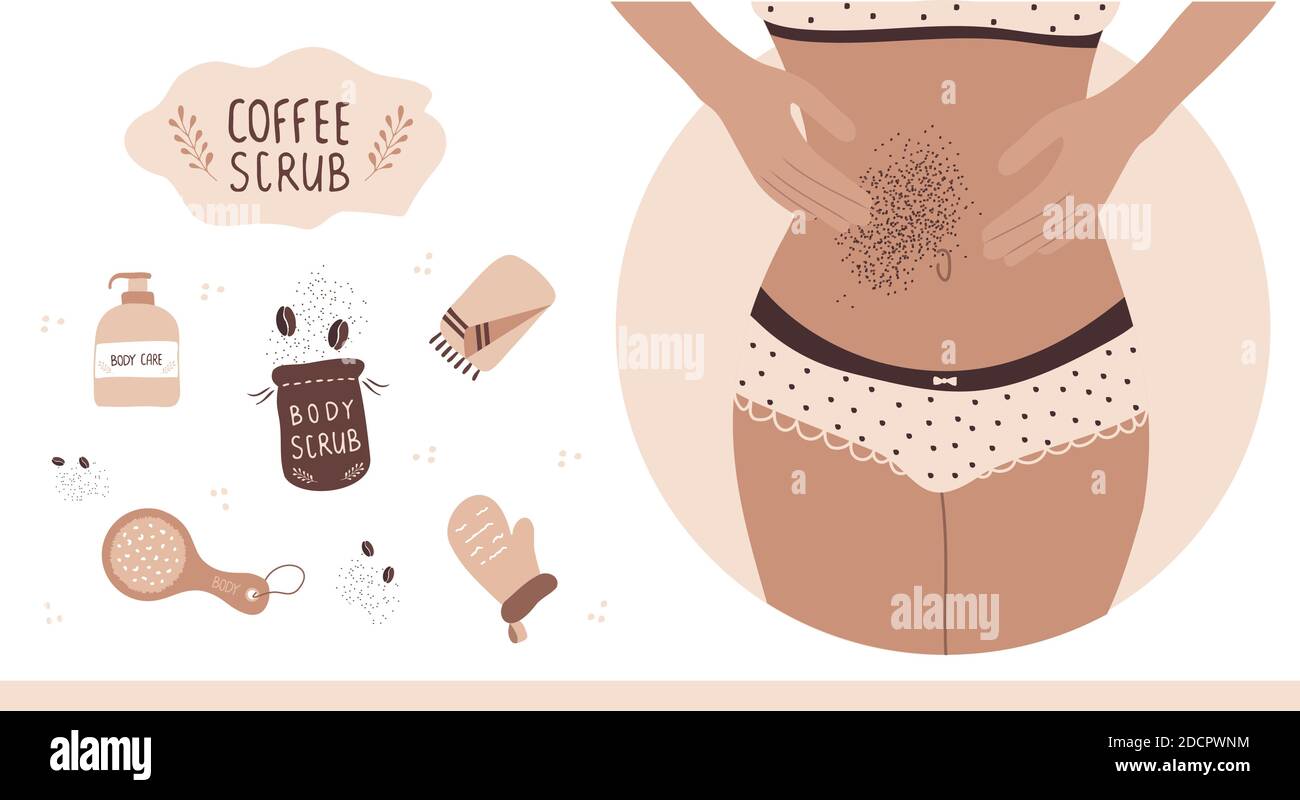 Concept de soins du corps à domicile. Femme exfoliant le ventre avec un  gommage au café Image Vectorielle Stock - Alamy