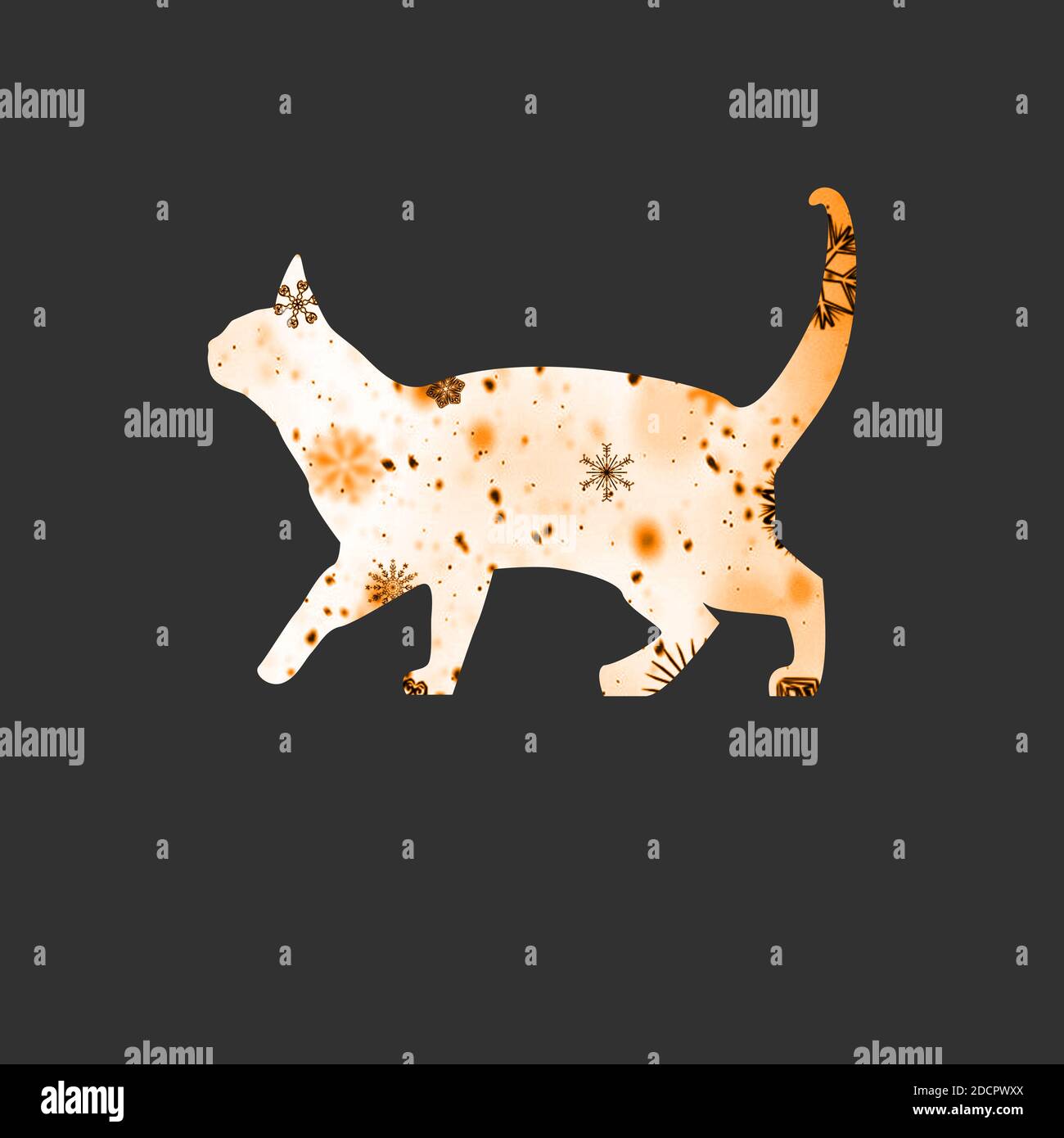 Adorable chat de marche d'hiver, blanc et orange sur fond noir. Illustration de chat heureux automne. Banque D'Images