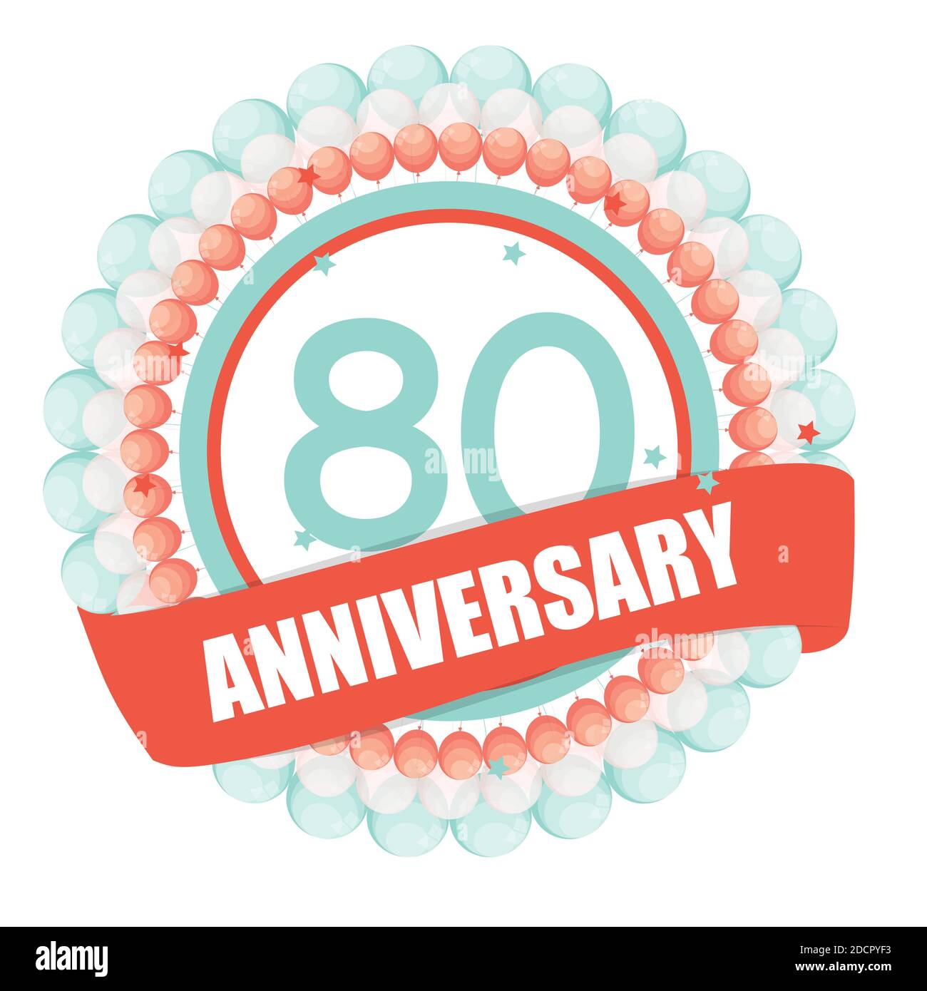 Modèle mignon 80 ans anniversaire avec ballons et ruban Illustration Banque D'Images