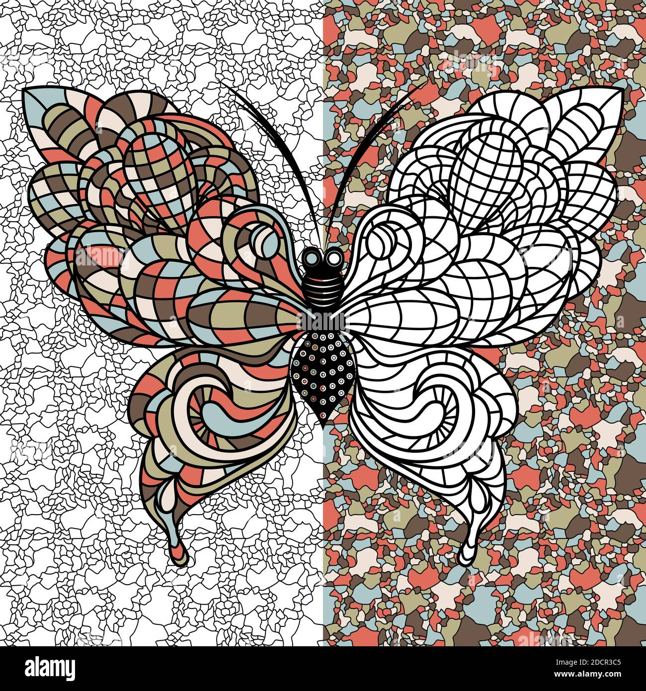Coloré décoratif beau papillon sur l'arrière-plan de la mosaïque en couleurs discrètes, dessin à la main illustration vectorielle comme un livre de coloriage Illustration de Vecteur