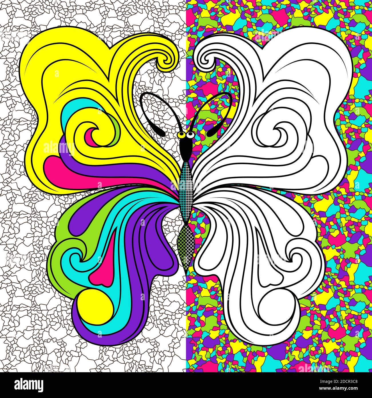 Pochoirs stylisés colorés de beau papillon sur fond de mosaïque, dessin à la main illustration vectorielle comme un livre de coloriage Illustration de Vecteur