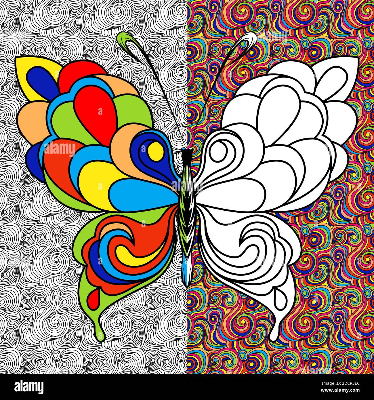 Coloré ornemental beau papillon sur le fond de mosaïque, dessin à la main illustration vectorielle comme un livre de coloriage Illustration de Vecteur
