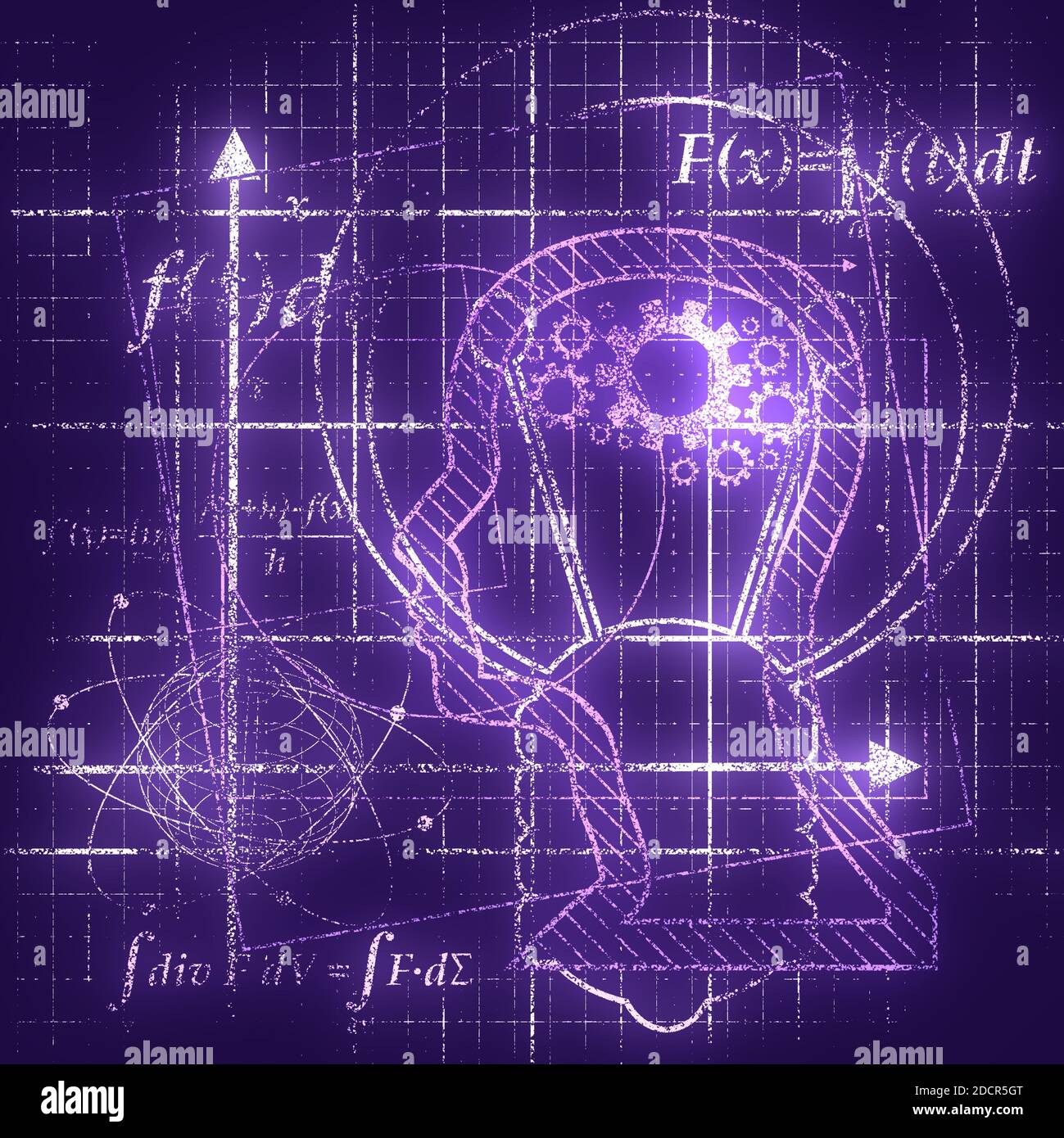 Motif abstrait futuriste à lignes fines avec formule mathématique, silhouette humaine et formes géométriques. Mathématiques concept de tracé de projet dessiné. GRU Banque D'Images