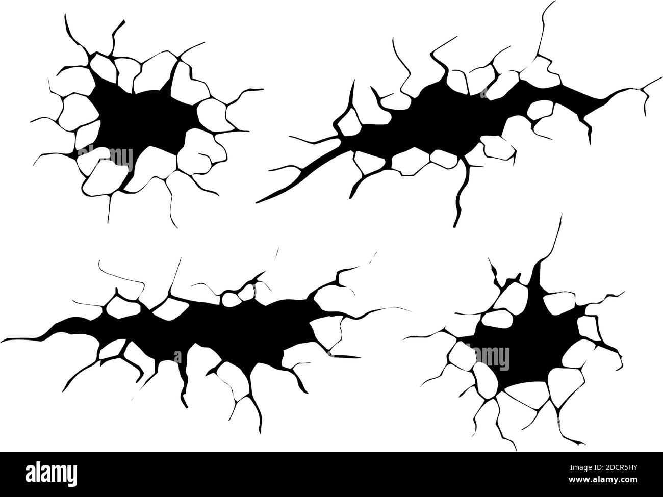 Jeu de fissures de masse. Tremblement de terre et fissures de terre, effet de trou, craquelure et texture de mur endommagée. Illustrations vectorielles tremblement de terre, accident, destruction Illustration de Vecteur